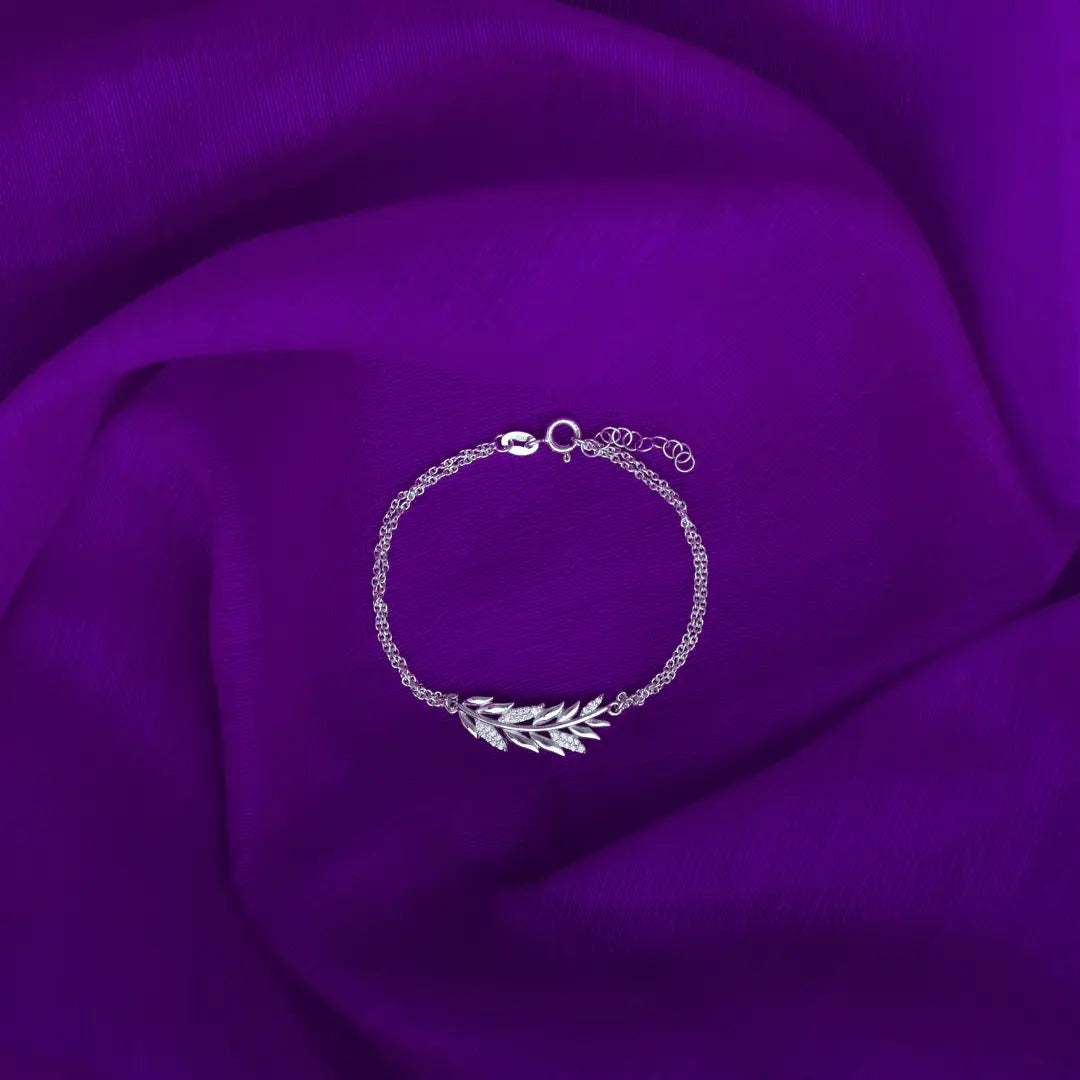 Silver leaf with zircon embedded bracelet