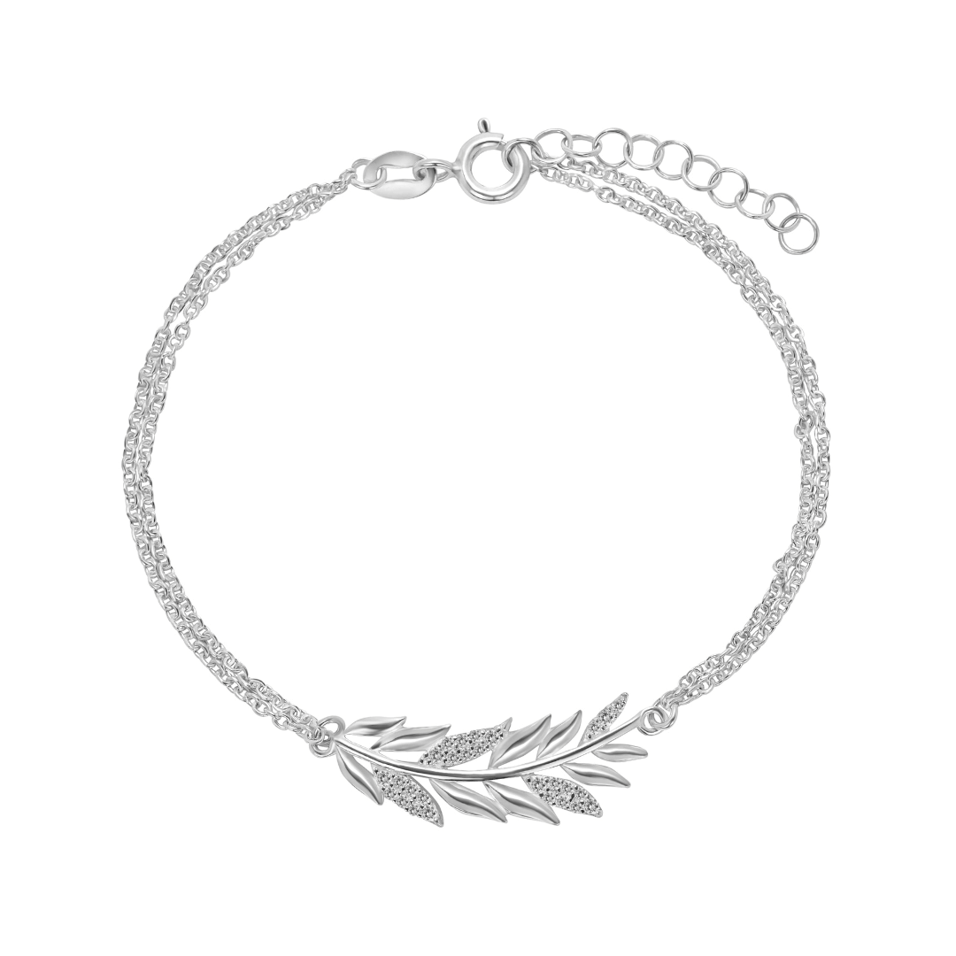 Silver leaf with zircon embedded bracelet